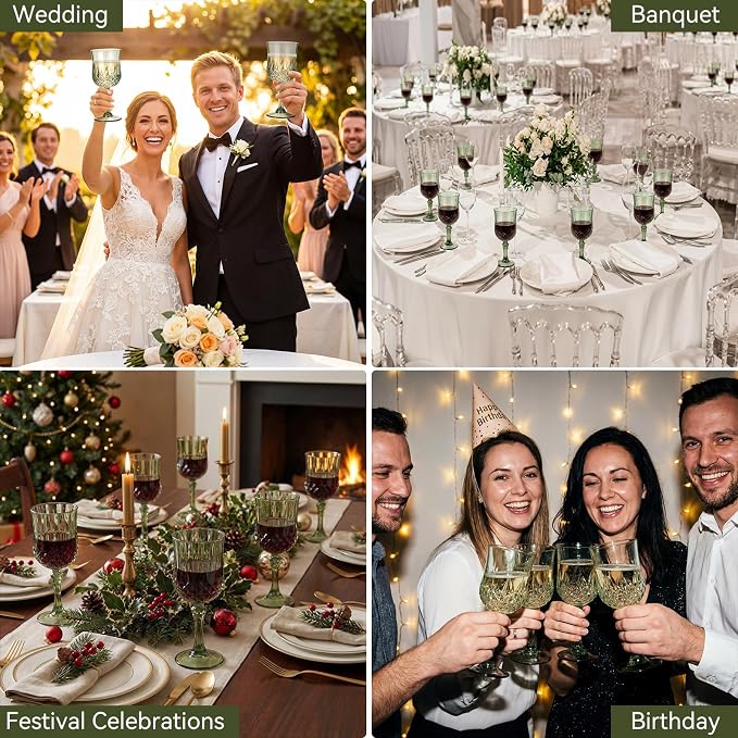 Sliner 48 Pcs 7oz Plastic Vintage Wine Glasses Drinking Goblets Unbreakable Crystal Water Glassware Reusable Diamond Champagne Flutes Cups for Wedding Banquet Birthday Party Supplies (Green)