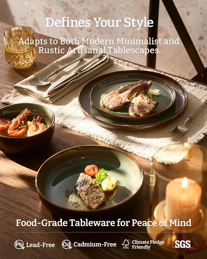 Famiware Milkyway Stoneware Dinnerware Set, 18-Piece, Double Reactive Glaze, Plates and Bowls, Service for 6, Microwave and Dishwasher Safe, Scratch-Resistant, Moss Green & Cocoa
