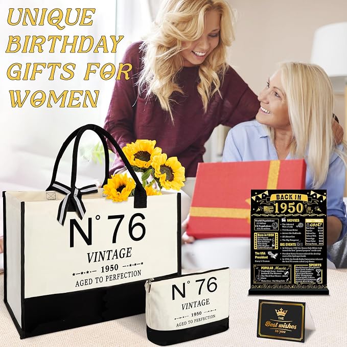 YeohJoy 76th Birthday Gifts for Women Canvas Tote Bag Travel Gear, Unique 76 Years Old Gifts for Wife Mom Sister Aunt Friends Her, Vintage N°76 Handbag & Cosmetic Bag & Back in 1950 Poster