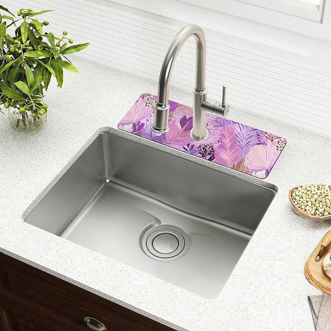 Kitchen Sink Splash Guard 1 PC 14.7 Inch Sink Faucet Mat Splash Guard for Bathroom Countertop Water Absorbent Foldable Cuttable Soft Washable Boho Pink Leaf