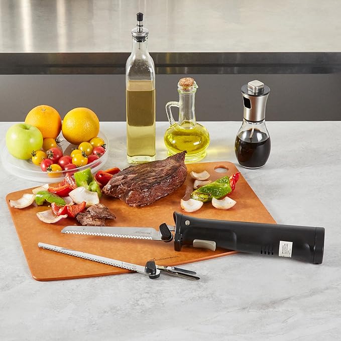 Restaurantware-Kitchen Tek Electric Knife Set, 1 Electric Knife With Motorized Handle - Includes 1 Bread And 1 Carving Tool, Ergonomic, Black Plastic Food Cutter With Stainless Steel Blades
