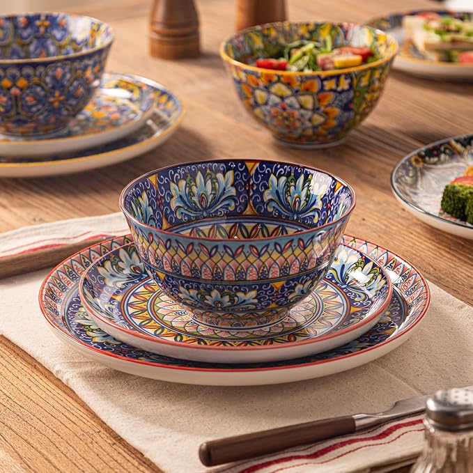12-Piece Bohemian Floral Ceramic Dinnerware Set, Vibrant Mandala Floral Plates Bowls, Decorative Plates & Bowls, Microwave & Dishwasher Safe for Kitchen