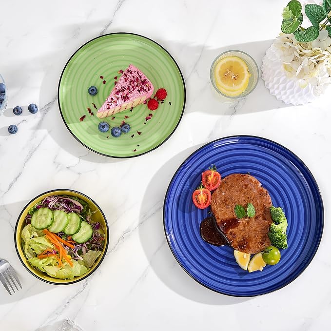 Bonita Dinnerware Sets 18 Pieces, Blue Stoneware Dishes Set for 6, Plates Set and Bowls Sets, Dishwasher and Microwave Safe (Vibrant 18, large)