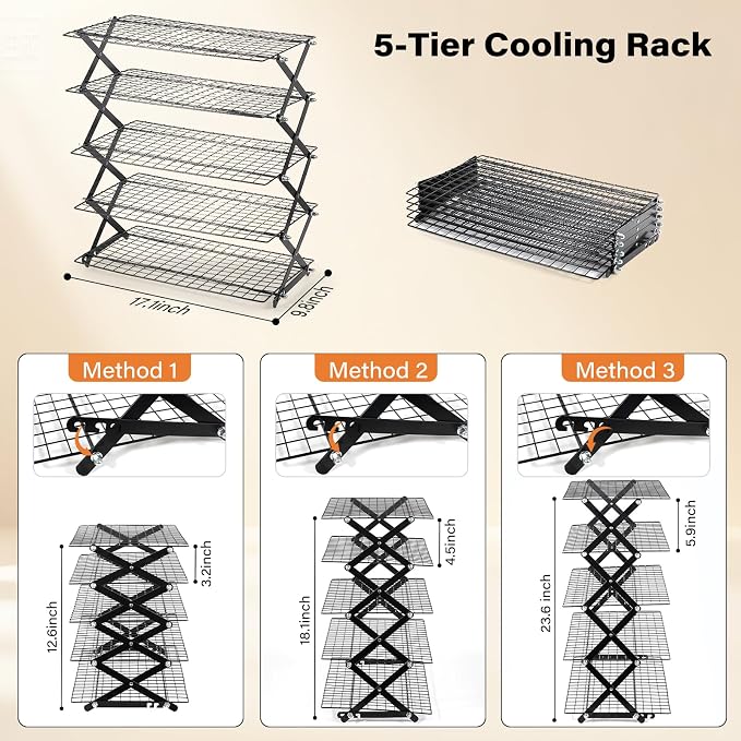 5 Tier Upgraded Collapsible Cooling Rack with Adjustable 3 Setting Design, Stackable Baking Rack with Clean Brush, Roasting Cooking Drying Wire Cooling Rack for Cookies Baking Roasting ＆ Grilling