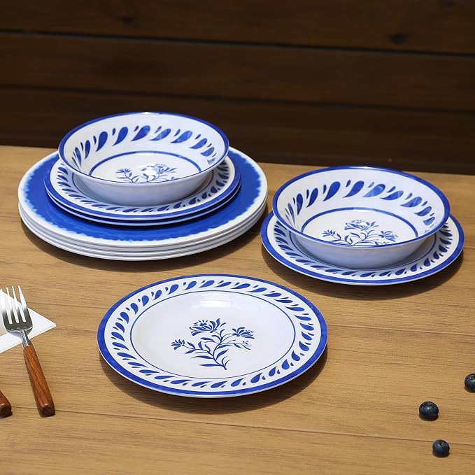 Blue Melamine Dinnerware Sets,12-Piece Plates and Bowls Set for 4,Coastal Farmhouse Style Dish Sets,Chip Resistant & Dishwasher Safe,Dark Indigo Vintage Pattern for Outdoor Patio Everyday Use