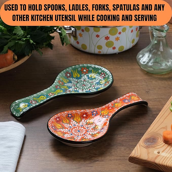 BCS Spoon Rest Set of 2 - Ceramic Spoon Holder for Stovetop & Kitchen Counter - Dishwasher Safe Handmade Kitchen Utensil (Green-Orange 4.5” W x 9" L)