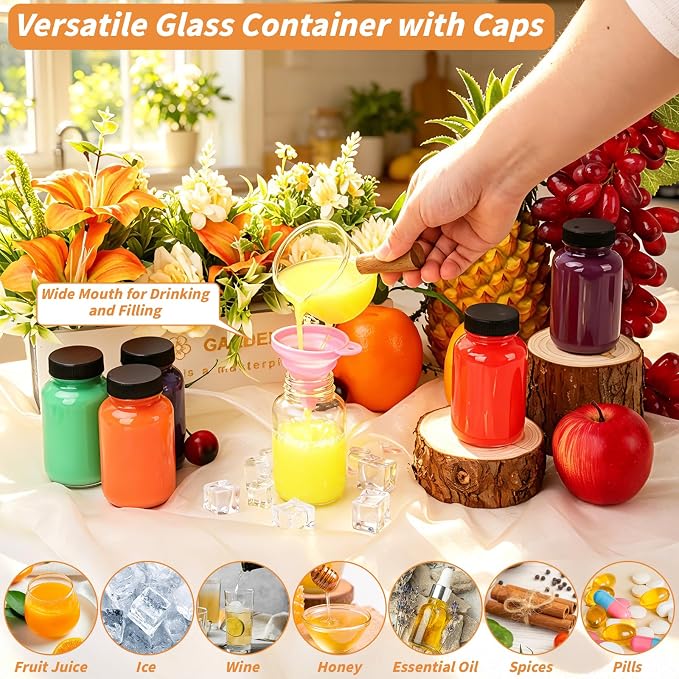35 Pack 4 oz Glass Shot Bottles with Lids Small Clear Glass Jar for Ginger Wellness Shot Mini Juice Bottle Reusable Wide Mouth Travel Cup & 36 Labels,2 funnels,1 brush for Juice Milk Potion Liquids