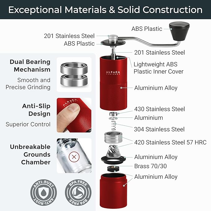 Premium Manual Coffee Grinder for Espresso, Pour Over & French Press with Stainless Steel Conical Burr, Precision Adjustable Hand Grinder, Compact Travel Size - by Alpaca Ventures