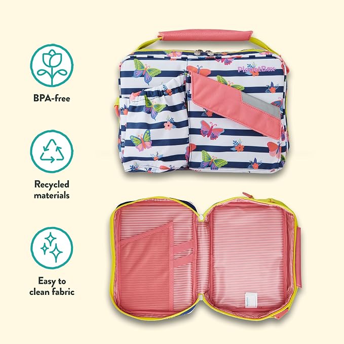 PlanetBox Rover Stainless Steel Bento Box Style Lunch Box Kit for Youth with 5 Compartments – Butterflies Edition includes Insulated Lunch Bag, Leakproof Food Containers & Matching Magnets