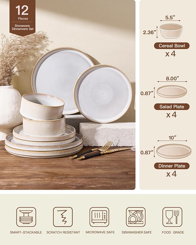 Stoneware Dinnerware Sets, Handcrafted Double Reactive Glaze Plates and Bowls for Everyday & Formal Dining, Microwave & Dishwasher Safe, Scratch Resistant Dishes for 4 (12-Piece), Cappuccino White