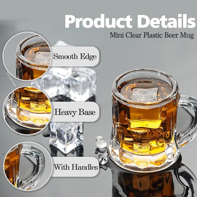 Plastic Beer Mug 2 Oz, 24 PCS Mini Beer Mug Shot Glasses, Heavy Base Clear Mini Beer Mugs, Small Plastic Shot Cups for Party Drink, Beer, Whiskey, Tequila, Vodka
