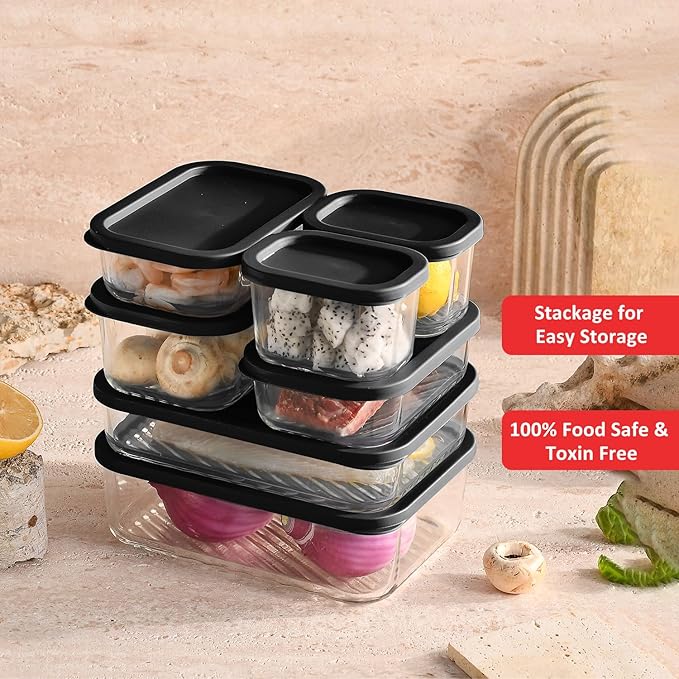 EATEX 14 Pack Glass Meal Prep Containers with Grooved Base, 14 Stackable BPA Free Glass Storage Containers with Lids for Lunch, Pantry, and Kitchen - Microwave, Dishwasher Freezer & Oven Safe - Black