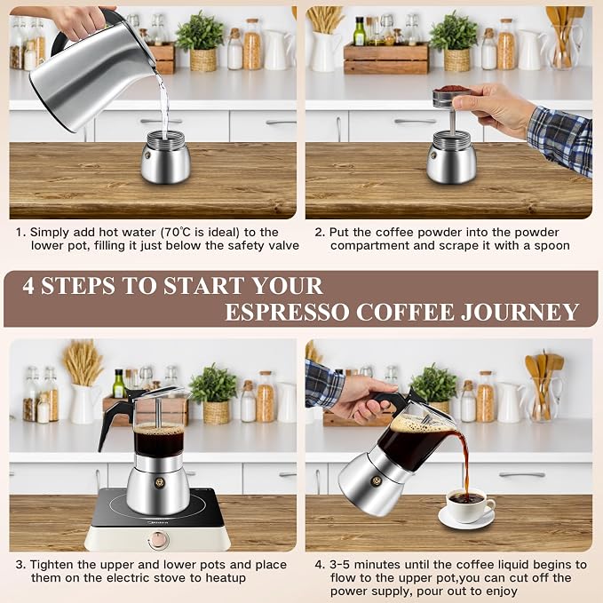 Moka Pot Stovetop Espresso Maker, Crystal Glass-Top & 304 Stainless Steel Italian Coffee Brewer, 300ml 6-Cup Espresso Pot for Home & Camping, Silver