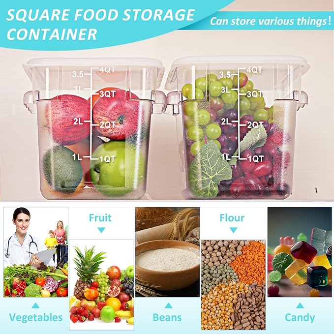 Yungyan 12 Pcs 4 Qt Commercial Food Storage Containers with Lids Restaurant Square Airtight Food Storage Containers Clear Cereal Container for Kitchen Freezer Dishwasher Pantry (White Lid)