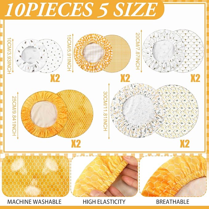 Patelai 10 Pcs Bowl Covers Reusable in 5 Size Stretch Cloth Fabric Elastic Food Storage Bowl Covers Bread Sourdough Lids for Proofing Food Fruits Leftover (Yellow, White,Bee Style)