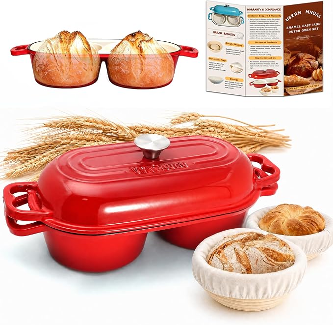 DIY Double Dutch Oven for Sourdough Bread Baking – Enamel Cast Iron Bread Baker with Lid, Bake Two Different Loaves at Once, 500°F Oven Safe, Includes 2×5" Banneton Proofing Baskets