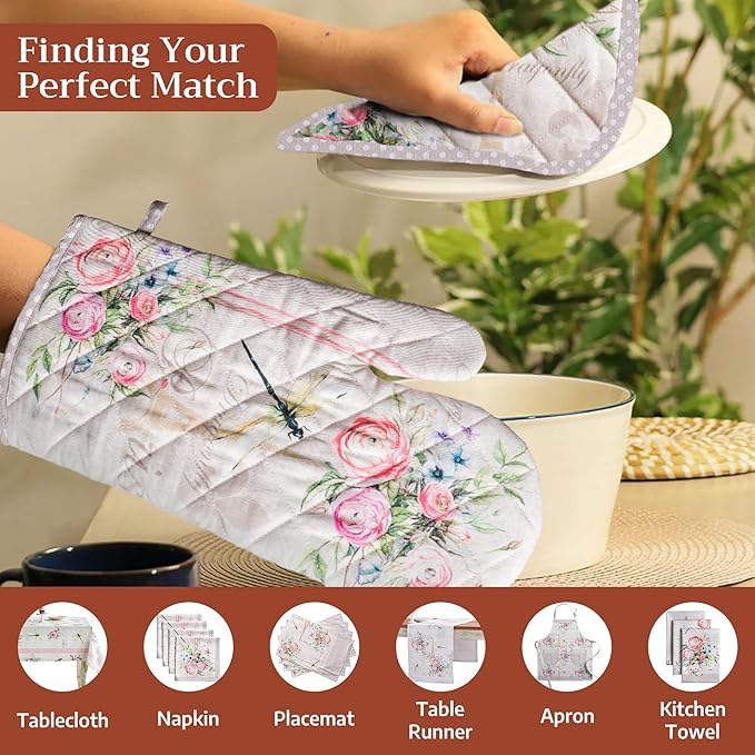 Maison d' Hermine Oven Gloves 100% Cotton Easter Oven Mitt Heat Resistant BBQ Cooking Gloves with Loop for Grilling, Microwave, Barbeque, Champ De Mars Spring/Summer (Oven Mitt (7.5''''x13''''))