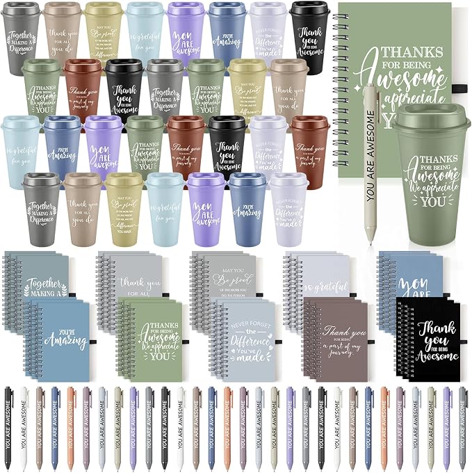 Teenyyou 90 Pcs Employee Appreciation Gift Set, 16oz Tumbler with Lid Notebook Pen Bulk Thank You Gift Holiday Party Favor for Teachers Office Coworker Teacher Staff Team (Dark Color,Delicate Style)