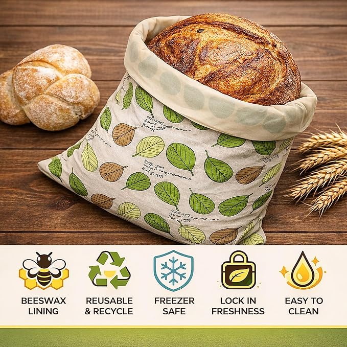 2 Pack Reusable Beeswax Bread Bags for Freezer & Refrigerator, Beeswax-Lined Cotton Bread Storage Bags with Buckle Closure, Airtight Freshness Keeper for Sourdough, Bagels & Homemade Bread