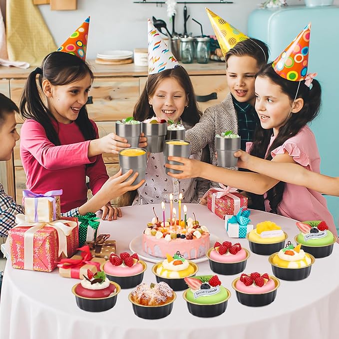 Beasea Disposable Baking Ramekins, 8 oz 100 Pack 3.9" 235ml Aluminum Foil Cups Bake Utility Ramekin Cup Souffle Cup Muffin Cupcake Baking Cup Mini Pudding Cups for Party Wedding Birthday - Black Gold