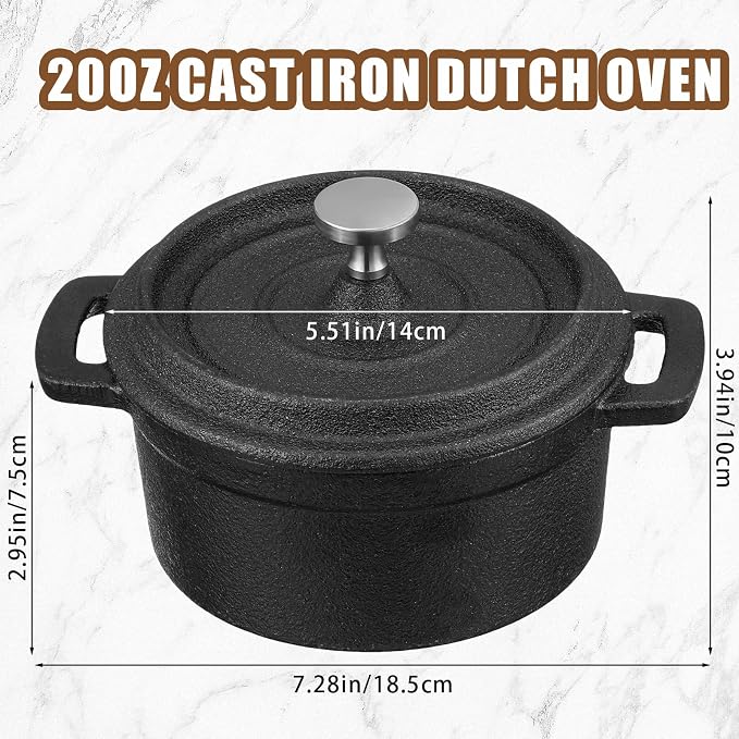 4 Pcs Mini Dutch Oven, 500F Small Round Iron Cocotte Black Dutch Oven Pot with Lid and Dual Handles Cast Iron Pot for Stovetop Use Marinate Cook Bake Refrigerate, Individual Servings(20 oz)
