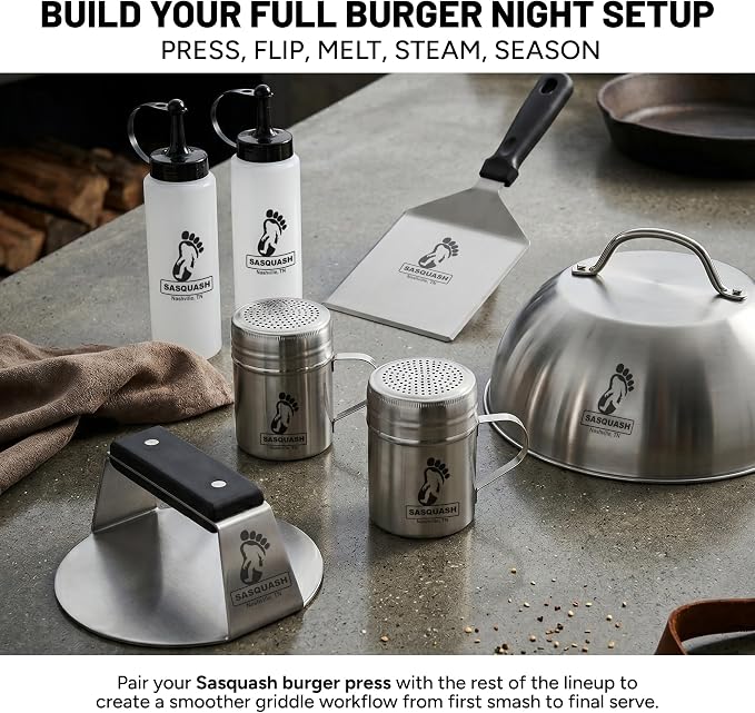 Sasquash Burger Press Kit, 5 Piece Smash Burger Set, Smash Burger Press, Spatula, Melting Dome and 2 Squirt Bottles for Griddle and Grill, Stainless Steel, Kitchen Gadgets, Grilling Accessories