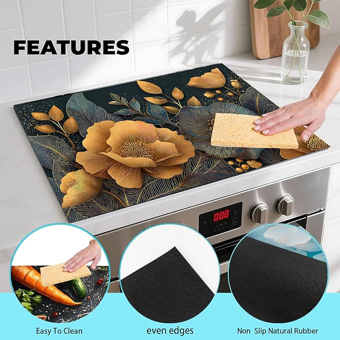 Luxury Floral Stove Top Covers for Electric Stove, 28.3 × 20.5 Inch Heat Resistant Cover, Gold and Navy Botanical Design, Decorative Electric Stove Cover Protector(flowers)