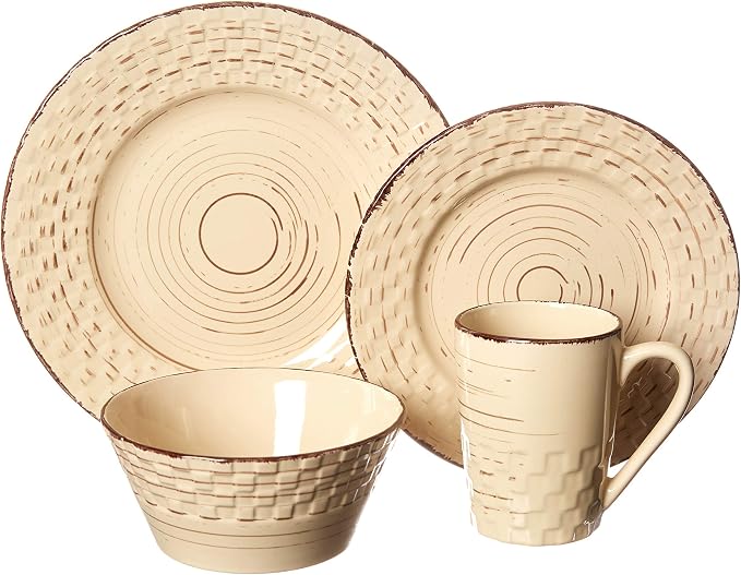 Lorren Home Trends 16 Piece Distressed Weave Dinnerware Set-Buttercup