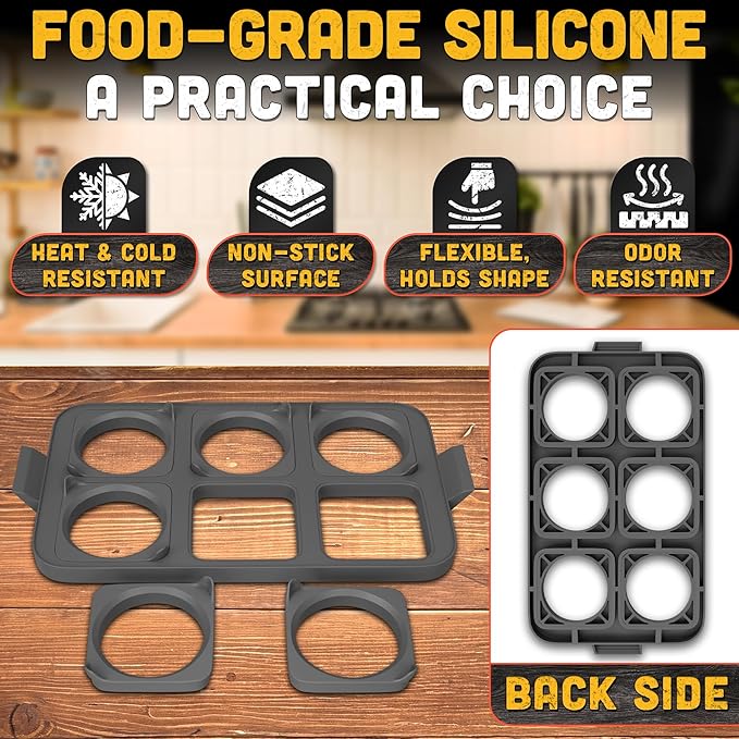 Silicone Egg Rings for Griddle - 16.5" x 9" BBQ Grill Pancake Mold Tray with 6 Round & Square Shapes - Silicone Egg Molds for Even Round Eggs, Patties, Burgers, Breakfast Sandwiches & Outdoor Cooking