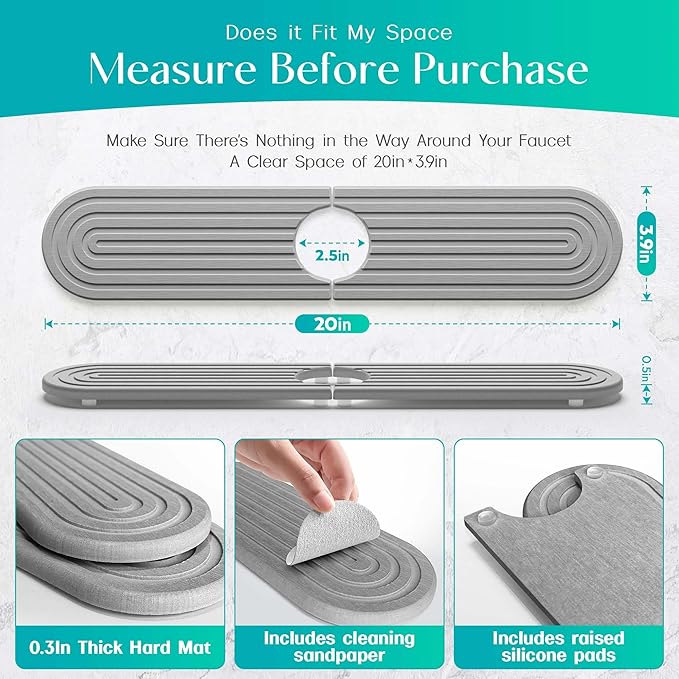 Stone Faucet Mat for Kitchen Sink – Diatomite Fast-Drying Stone Tray, Faucet Mat Sink Splash Guard, Decorative Sink Protector for Kitchen Bathroom Counter (Grey, 20''x3.9'')