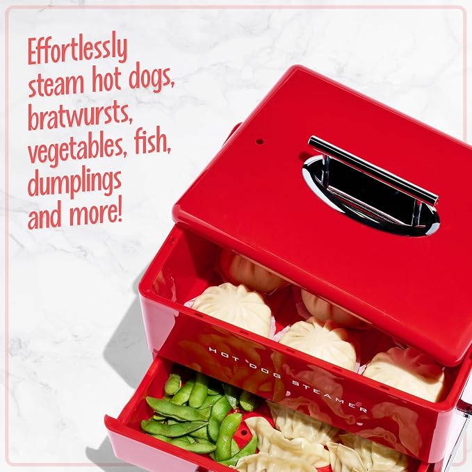 Nostalgia Extra Large Diner-Style Steamer Cooks 20 Hot Dogs & 6 Buns- Hot Dog Steamer for Breakfast Sausages, Brats, Vegetables & Fish- Bun Warmer Steamer Perfect for Game Days or Parties- Red