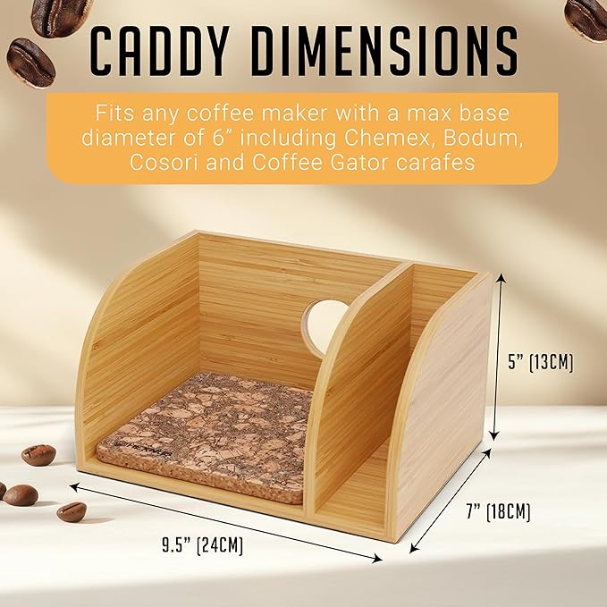 HEXNUB Pour Over Caddy with Lid for Chemex Bodum Cosori Coffee Makers Cork | Handmade Bamboo Stand, Lid, Filter Holder, Heatproof Mat for a Cleaner Coffee Station