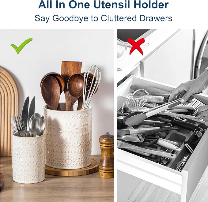 LOVECASA Utensil Holder, 7.2"+5.4" Ceramic Utensil Holder for Countertop, Large Cooking Utensil Crocks for Kitchen Counter, Farmhouse Utensil Vase for Housewarming, Kitchen Decor, Set of 2, Oasis