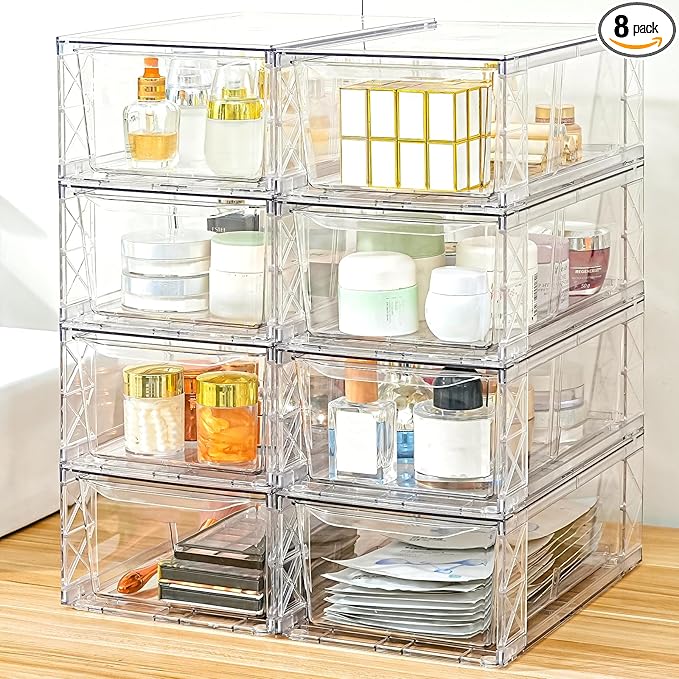 8 Pack Acrylic Storage Drawers, Clear Stackable Storage Drawers, Acrylic Organizers Drawers for Under Sink, Pantry, Bathroom, AcrylicStorage Containers for Makeup Organizers Cosmetic Display, Medium
