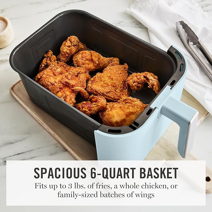 Martha Stewart 6QT Air Fryer, 6-in-1, Bake, Broil, Roast, Air Fry, Dehydrate, Reheat, Ceramic Non-Stick Basket, Crispy Results Fast, 400°F Max Temp, Shake Reminder, Auto Shut-Off, Sky Blue