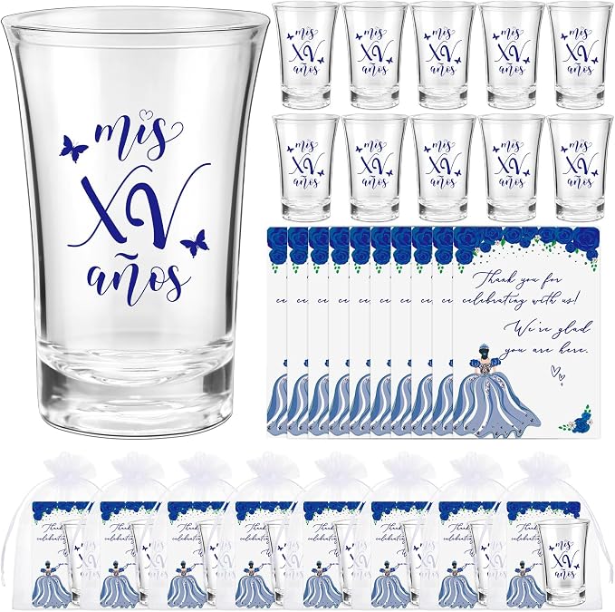 Havawish 25 Sets Quinceanera Party Favors for Guests Quinceanera Acrylic Clear Personalized Shot Glasses Thank You Cards with Organza Bags Mis Xv Años Sweet 15 Birthday Party Favors (Blue)