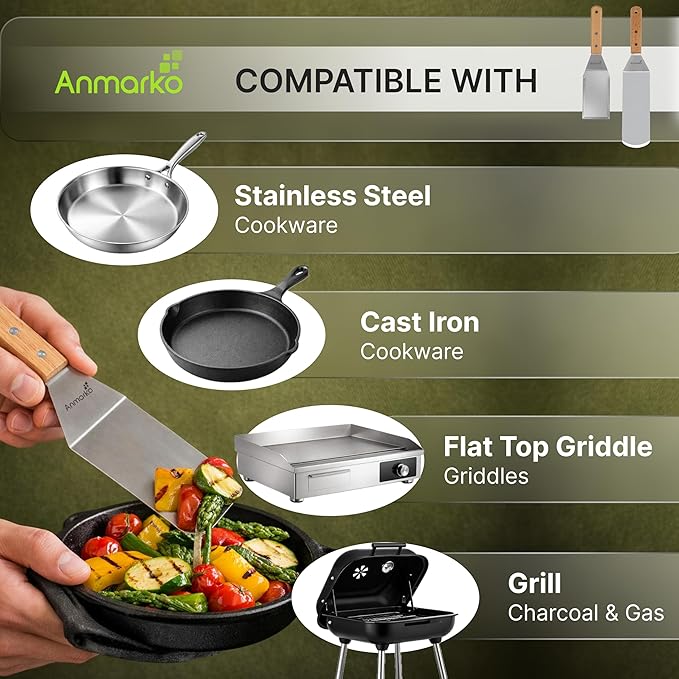 Anmarko Professional Griddle Spatula Set - Stainless Steel Metal Spatula and Griddle Scraper - Heavy Duty Commercial Grade