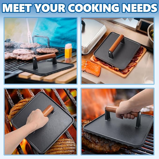 SafBbcue 10" Square Cast Iron Burger Press Smash Burger Griddle Weight Press for Blackstone, Pitboss, Camp Chef Flat Top Grills Accessories, Bacon Press for griddle for Grill Cooking Accessories, 2PCS