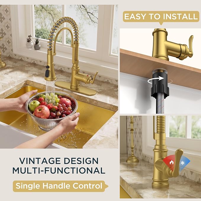 FORIOUS Gold Kitchen Faucet with Pull Down Sprayer, Stainless Steel Single Handle Spring Antique Brass Kitchen Sink Faucet with Deck Plate for 1 or 3 holes, Sutiable for Farmhouse, RV, Camper, Wet Bar