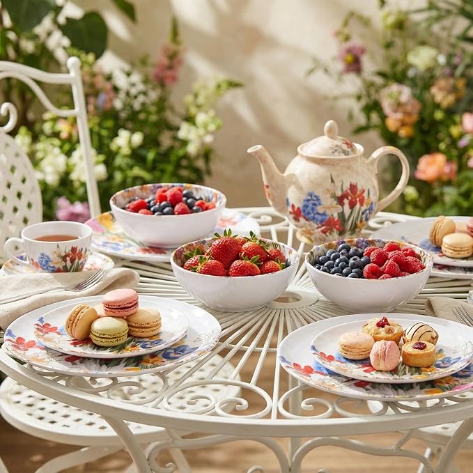 Melamine Dinnerware Sets 12 Pcs, Melamine Plates and Bowls,Party Plates and Bowls Sets, Camping Dishes Set for 4, Unbreakable, BPA Free, Dishwasher Safe（Colorful flowers）