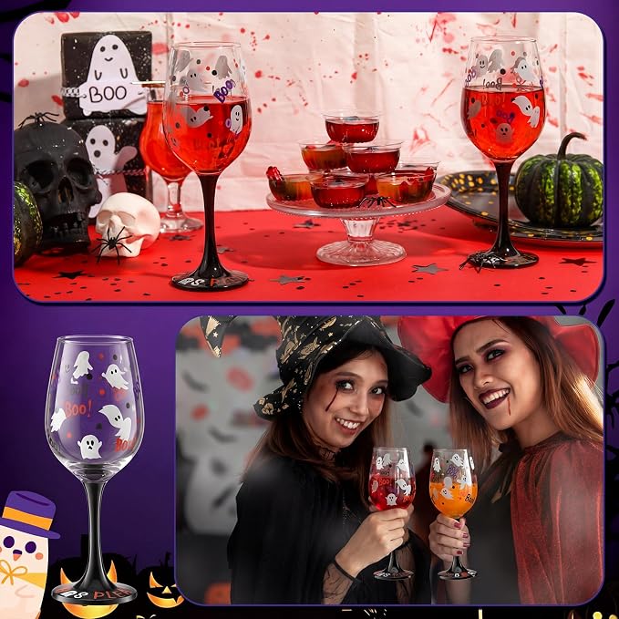 SiliFine 2 Pcs Halloween Ghost Theme Party Stemmed Wine Glasses Hand Painted Drinking Cup Wine Glasses Gifts for Halloween Birthday Theme Holiday Party Supplies