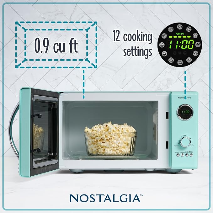 Nostalgia Retro Countertop Microwave Oven - 800-Watt - 0.9 cu ft - 12 Pre-Programmed Cooking Settings - Digital Clock - Kitchen Appliances - Aqua