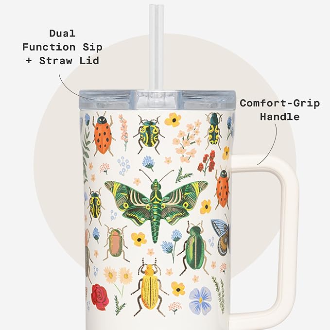 Corkcicle x Rifle Paper Co. Cruiser Insulated Tumbler with Handle & Straw - Keeps Drinks Cold 20 Hours - BPA-Free - Gift for Mom - Great for Mother's Day or Christmas - 40 oz - Curio Cream