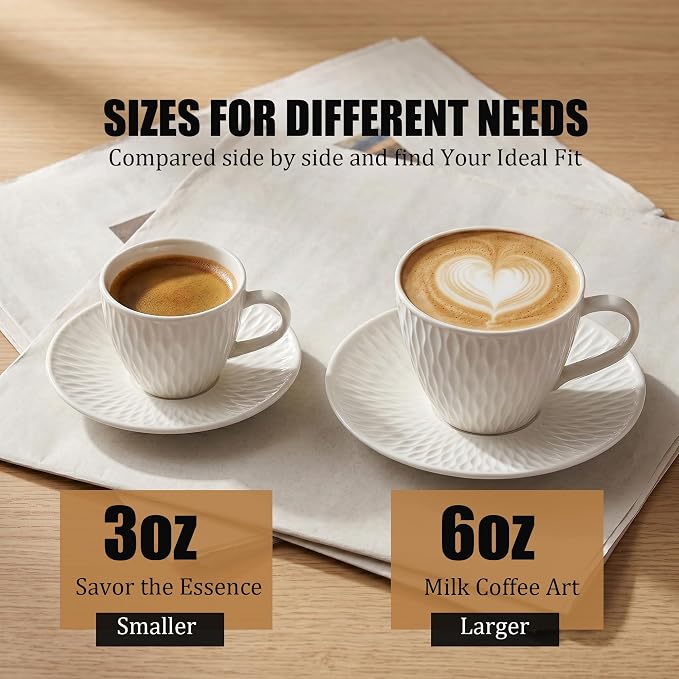 3-Ounce Espresso Cups Set of 6, Mini Coffee Cups with Saucers, Ceramic Demitasse Mugs Cappuccino Cup, Suit for Espresso Machine & Coffee Maker, Microwave Dishwasher Safe, Gift for Housewarming Wedding