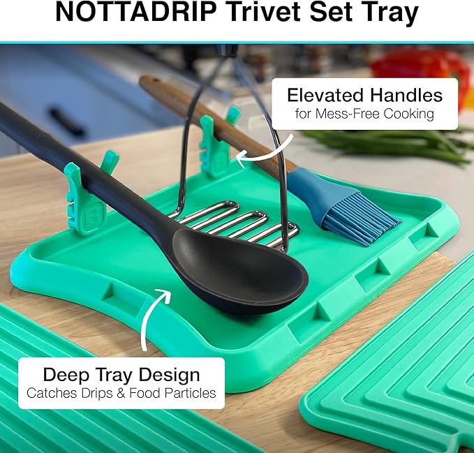 Nottadrip Silicone Spoon Rest for Stove Top - Kitchen Spoon Rest for Countertop, Ladle Holder, All in 1 Serving Station, Elevate Handles, Drip to Tray, Mess Free - 5PC Trivet Set - Mint