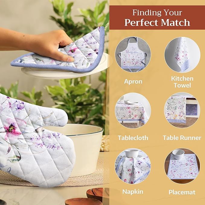 Maison d'Hermine Oven Gloves 100% Cotton Oven Mitt 7" x 13" with Loop Heat Resistant BBQ Cooking Gloves Baking Grilling Gifts for Mothers Day Spring/Summer (Pack of 1, Summer Floral)