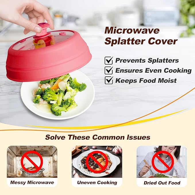 Microwave Splatter cover, Glass Microwave Cover for Food, 11.8 inch Guard Lid with Collapsible Silicone for 6-11 inch Plates & Bowls, Dishwasher Safe, 450°F Heat Resistant, BPA-Free, Red