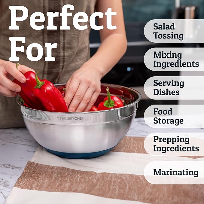 Priority Chef 6Pc Large Mixing Bowls With Lids Set with Non-Slip Bases, Stainless Steel Mixing Bowl Set, 6 Airtight Lids and 3 Graters, Blue | 6pc Non-slip nesting bowls 1-7 qt, 3 graters & interior measurement marks; for meal prep, baking & airtight f...