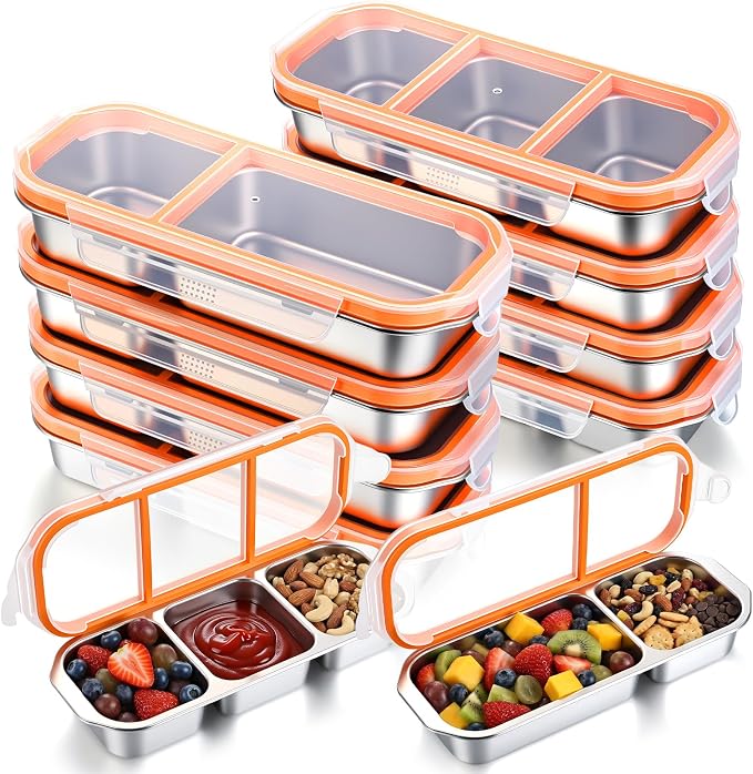 8 Pack Stainless Steel Snack Containers with Leak Proof Lids, 2/3 Compartments Metal Bento Lunch Box, Reusable Divided Food Storage Container for Adults Home Travel Work (Orange)