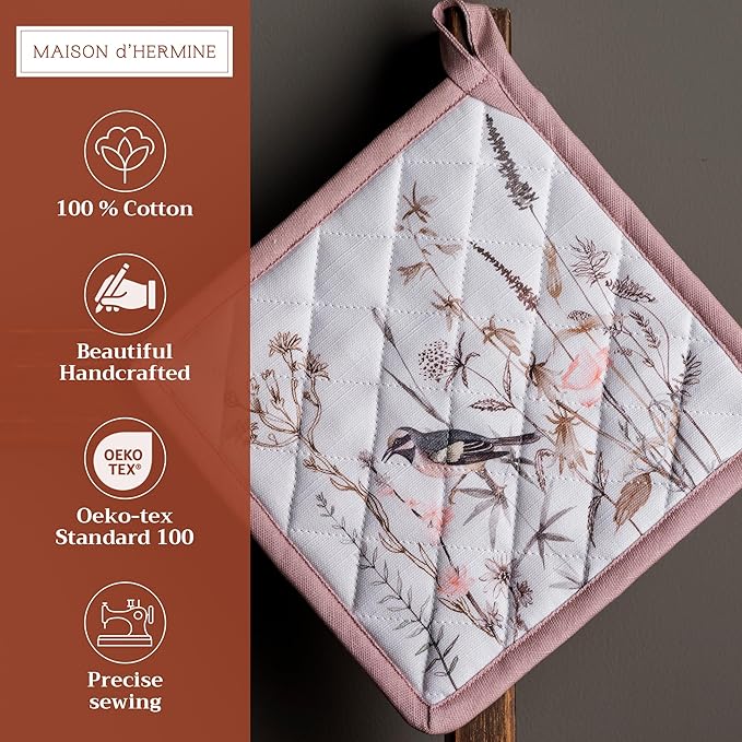 Maison d' Hermine Pot Holders 100% Cotton Heat Resistant Potholders 8" x 8" Hot Pads with Loop BBQ Baking Gifts for Mothers Day Handling Hot Pans Spring/Summer (Pack of 1, Meadow Florals - Brown)